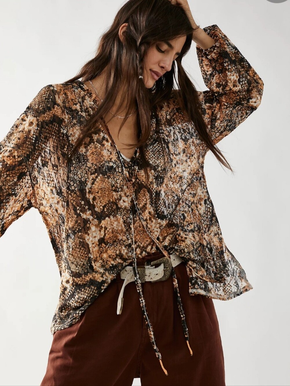 Free People Out For The Night Snake Print Tie Neck Blouse Size S